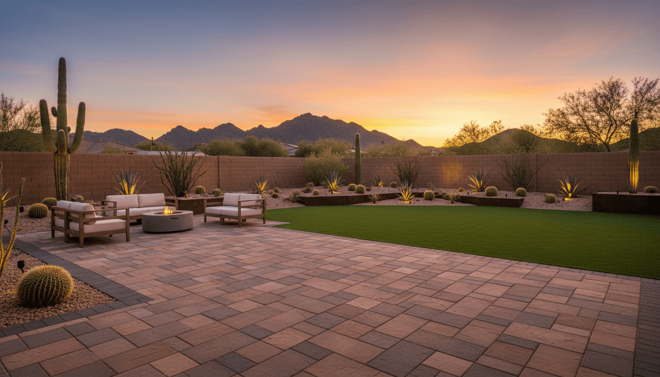 Transformed Phoenix backyard with paver patio, artificial turf, and landscape lighting at sunset